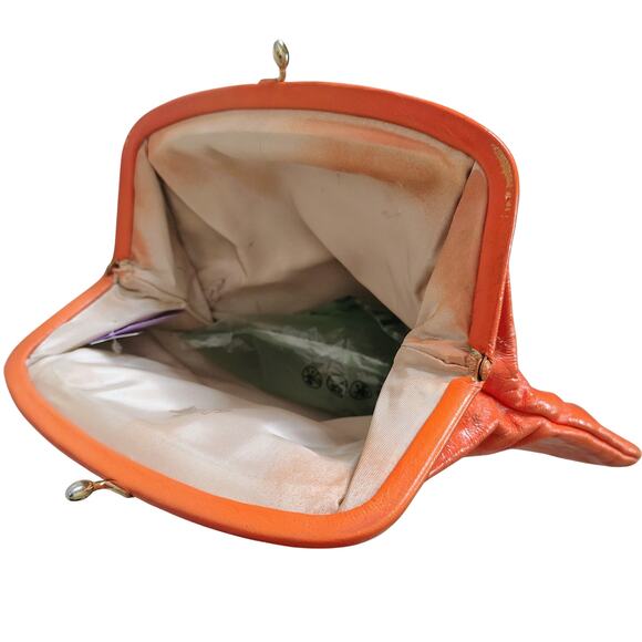 1950s Ingber Orange Genuine Leather Fold Over Clutch Handbag Gold Kiss Closure - Picture 3 of 8